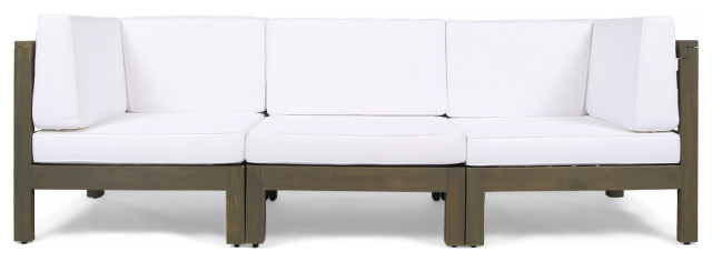 GDF Studio Dawson Outdoor 3-Seater Acacia Wood Sectional Sofa Set, Gray/White