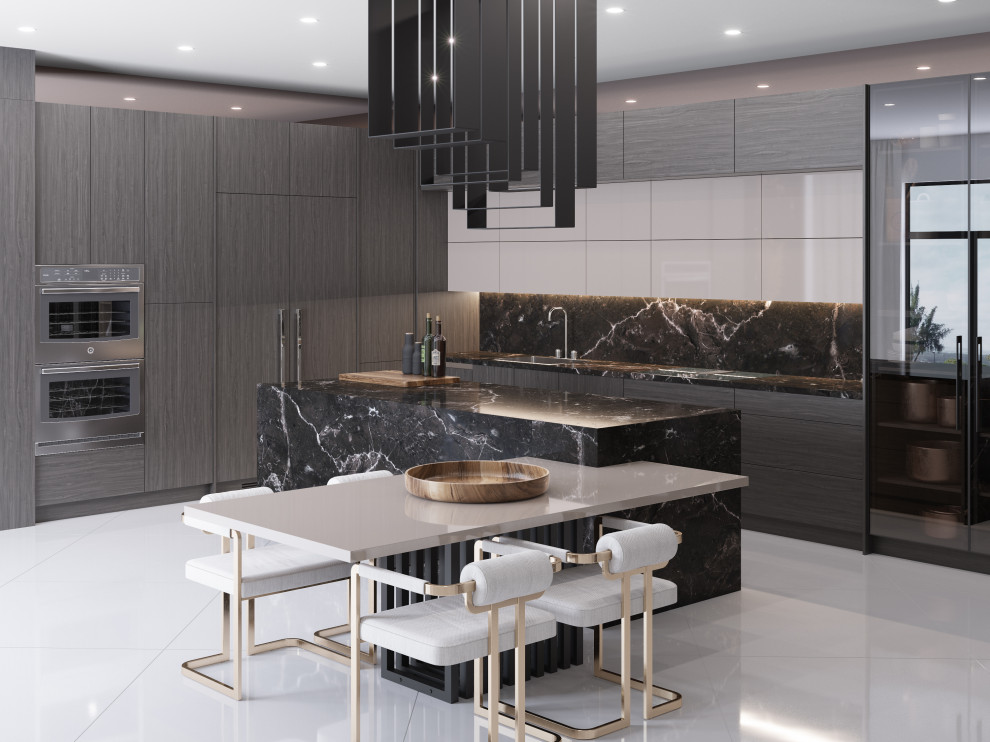 Photo of a large modern l-shaped eat-in kitchen in Miami with flat-panel cabinets, quartz benchtops, black splashback, engineered quartz splashback, stainless steel appliances, with island, white floor and black benchtop.