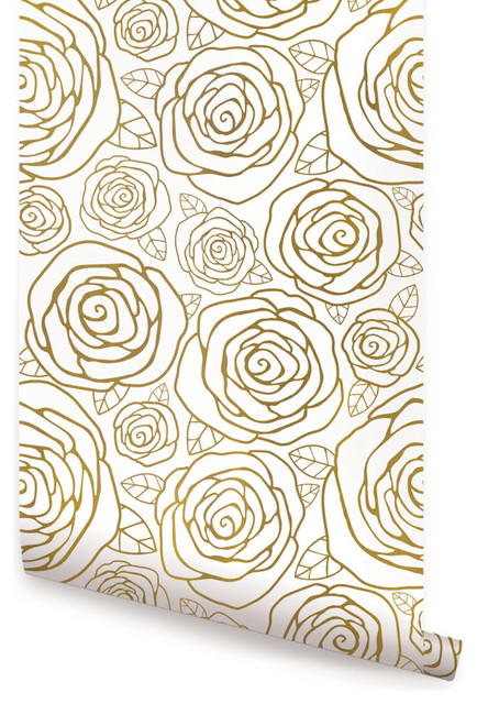 Gold Roses Wallpaper, Peel and Stick - Contemporary - Wallpaper - by