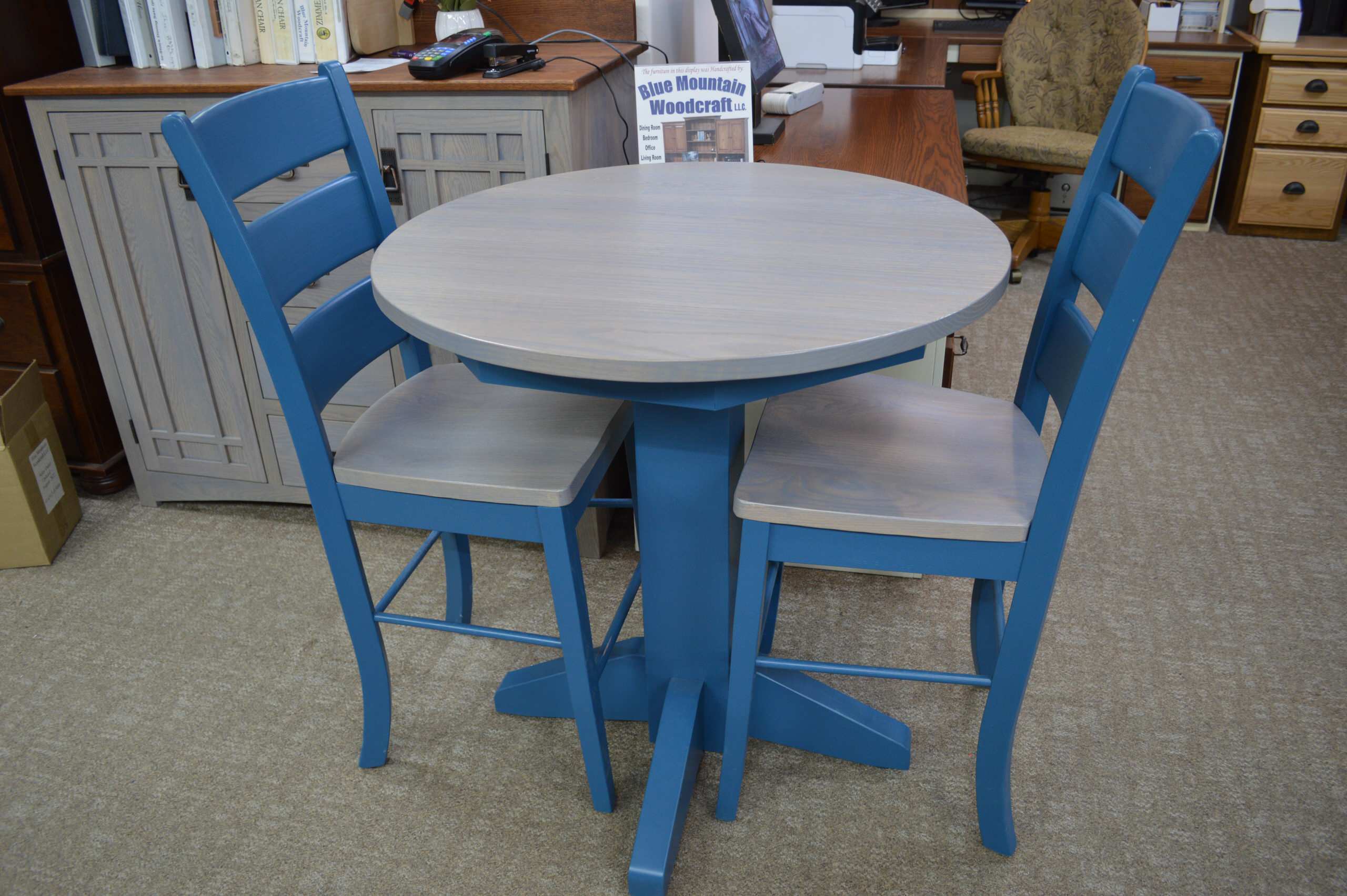 counter height 36" round table and ladderback breakfast chairs