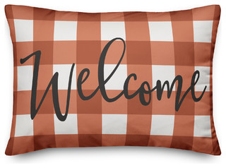 orange plaid throw pillow