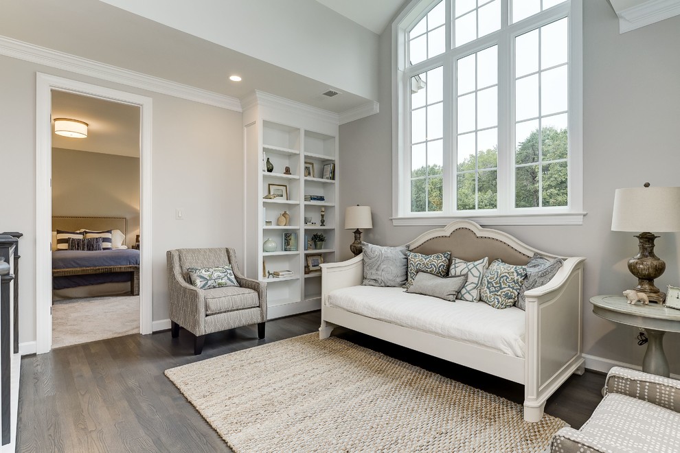 Hallway - large transitional dark wood floor and brown floor hallway idea in DC Metro with beige walls
