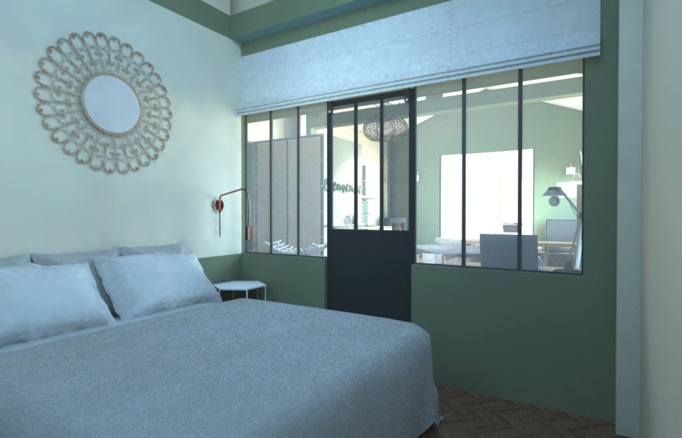 Modelo de dormitorio tipo loft minimalista de tamaño medio sin chimenea con paredes verdes, suelo de madera en tonos medios y suelo marrón