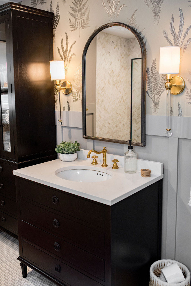 Photo of a mid-sized transitional master bathroom in New York with black cabinets, an alcove shower, a two-piece toilet, beige tile, marble, grey walls, ceramic floors, an undermount sink, engineered quartz benchtops, yellow floor, an open shower, beige benchtops, a single vanity, a freestanding vanity and wallpaper.