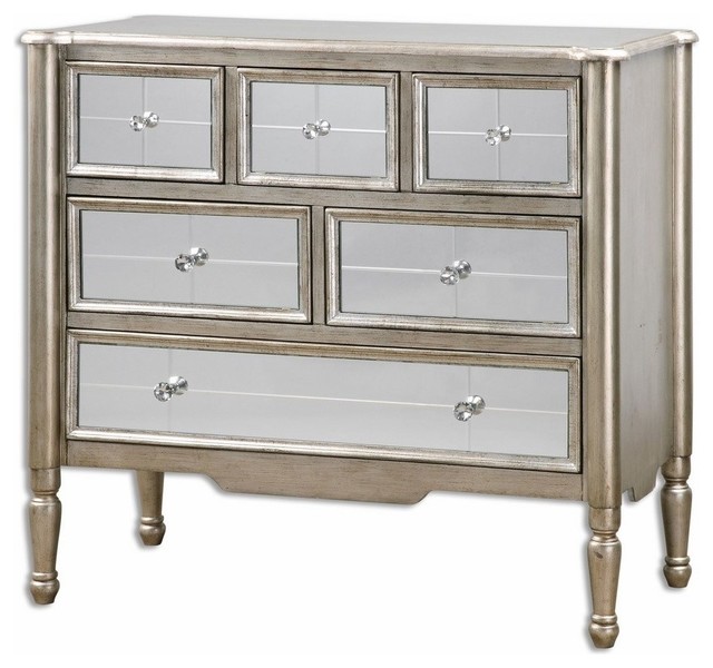 Mirrored Silver Wood Accent Chest Of Drawers Traditional