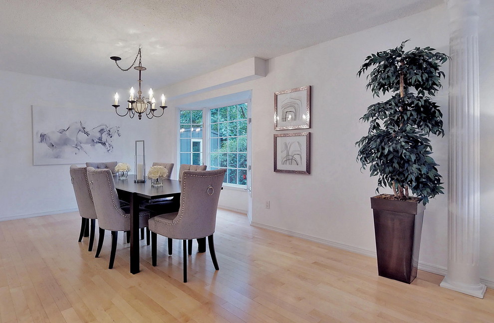 Inspiration for a mid-sized transitional dining room in Toronto with grey walls, light hardwood floors, no fireplace and brown floor.
