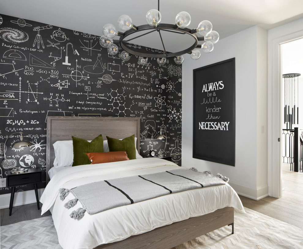 Terravita CASCATA Model Home (Niagara Falls) - 
Scientific Chalkboard Wall Mural stands out in this great bedroom, along with your own chalkboard! Lighting up the room is a magnificent Black/silver chandelier.  The room is grounded with a white chevron area rug over the engineered wire brushed hardwood flooring.