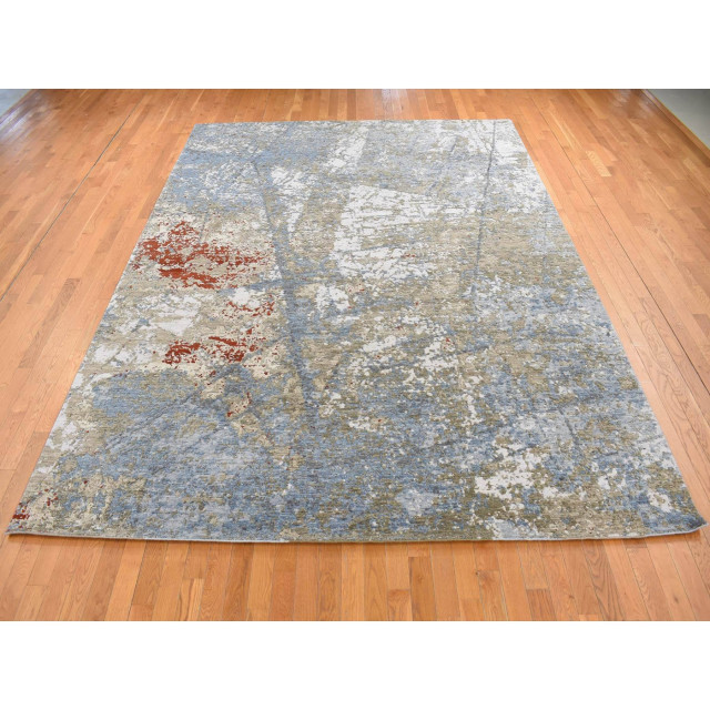 Steel Blue Modern Abstract Galaxy Design Hand Knotted 100% Wool Rug 9'1 ...