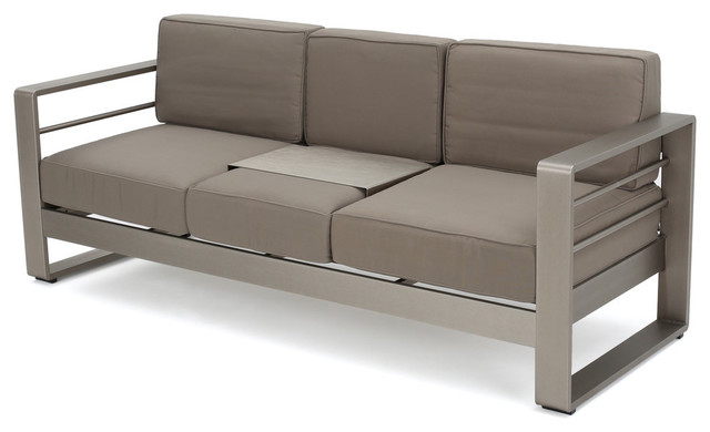 Gdf Studio Crested Bay Outdoor Aluminum 3 Seat Khaki Sofa With Tray