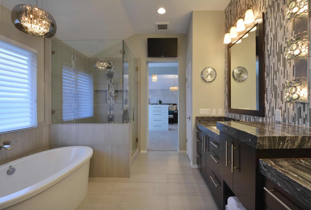 Inspiration for a large transitional multicolored tile bathroom remodel in Austin with a drop-in sink, flat-panel cabinets, dark wood cabinets and beige walls