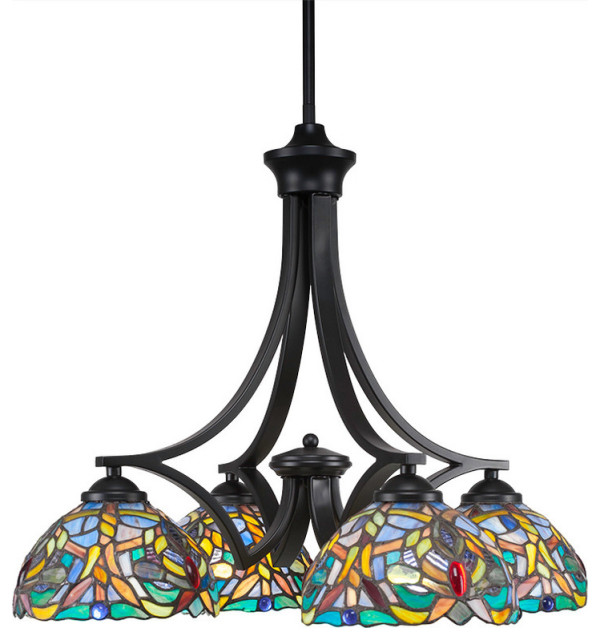 Zilo 4 Light Chandelier, Matte Black Finish With 7" Kaleidoscope Tiffany Glass