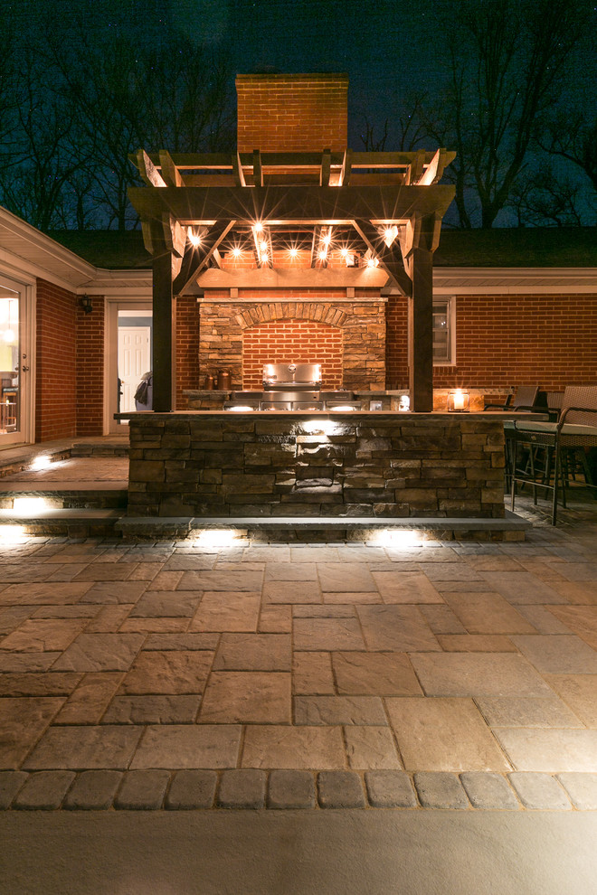 Mid-sized country backyard patio in Charlotte with an outdoor kitchen, concrete pavers and a pergola.