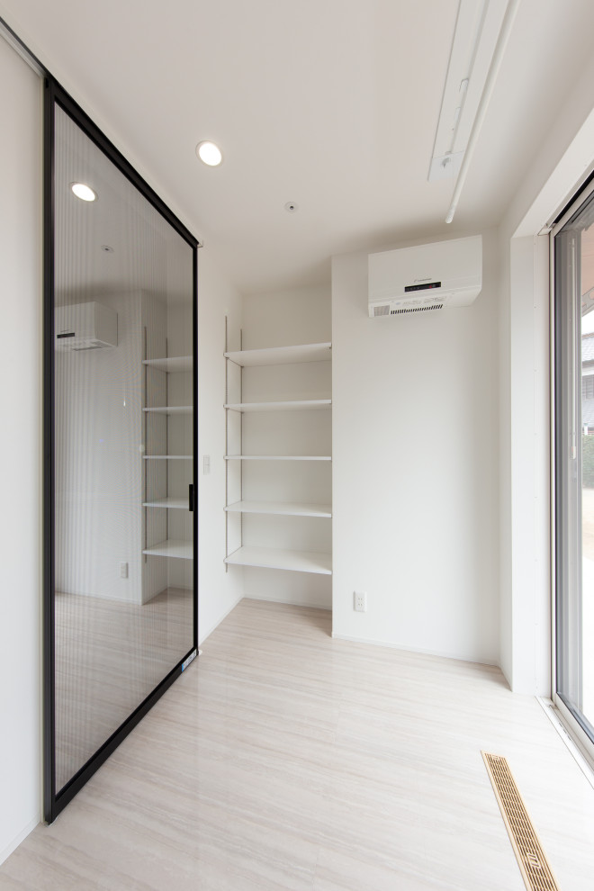 Small modern single-wall separated utility room in Other with white walls, plywood flooring, white floors, white worktops, a wallpapered ceiling and wallpapered walls.