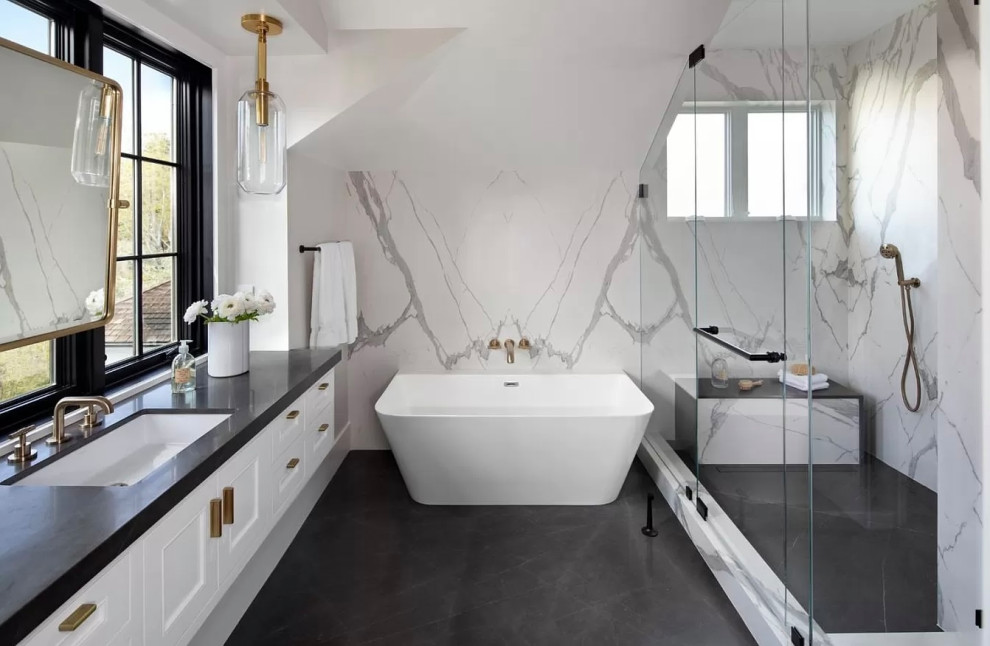 Large modern master bathroom in Los Angeles with flat-panel cabinets, white cabinets, copper benchtops, yellow benchtops, a single vanity and a floating vanity.
