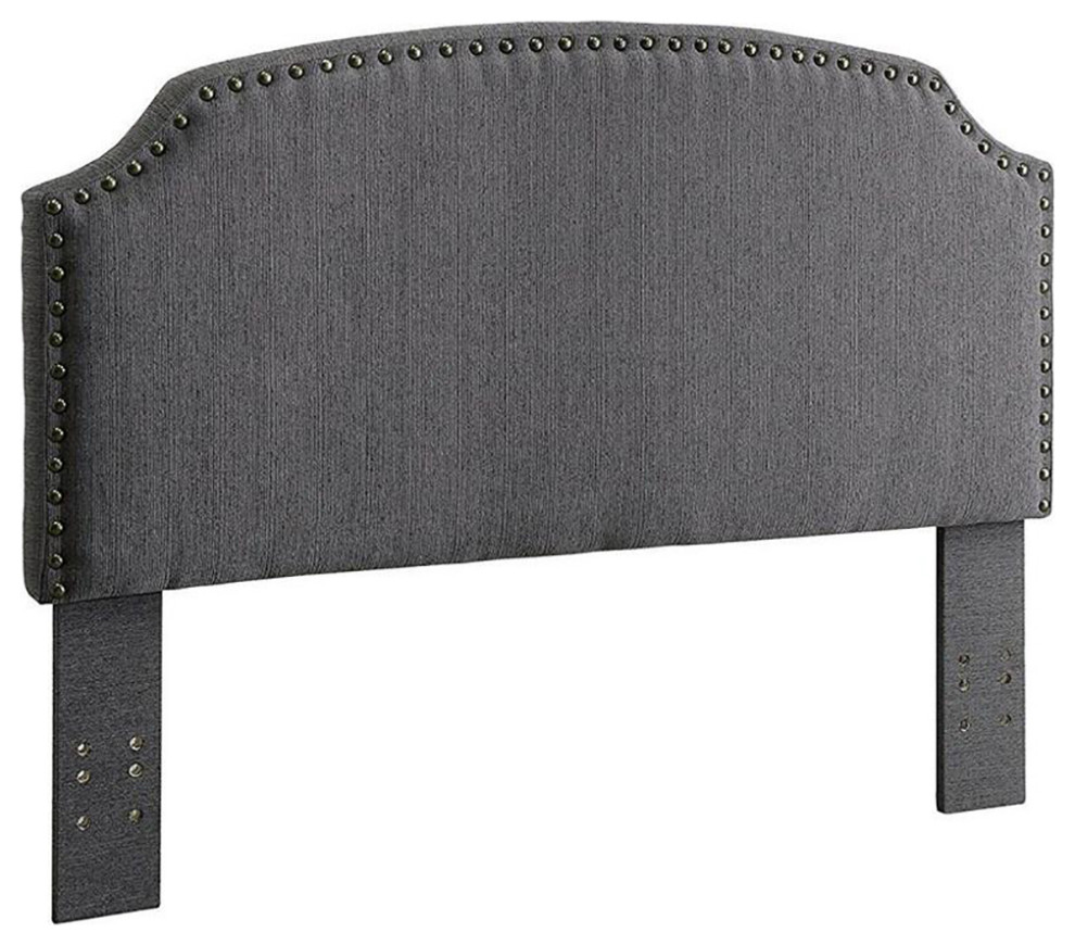 Padded Scooped Headboard with Nailhead Trim, Gray, Full/Queen