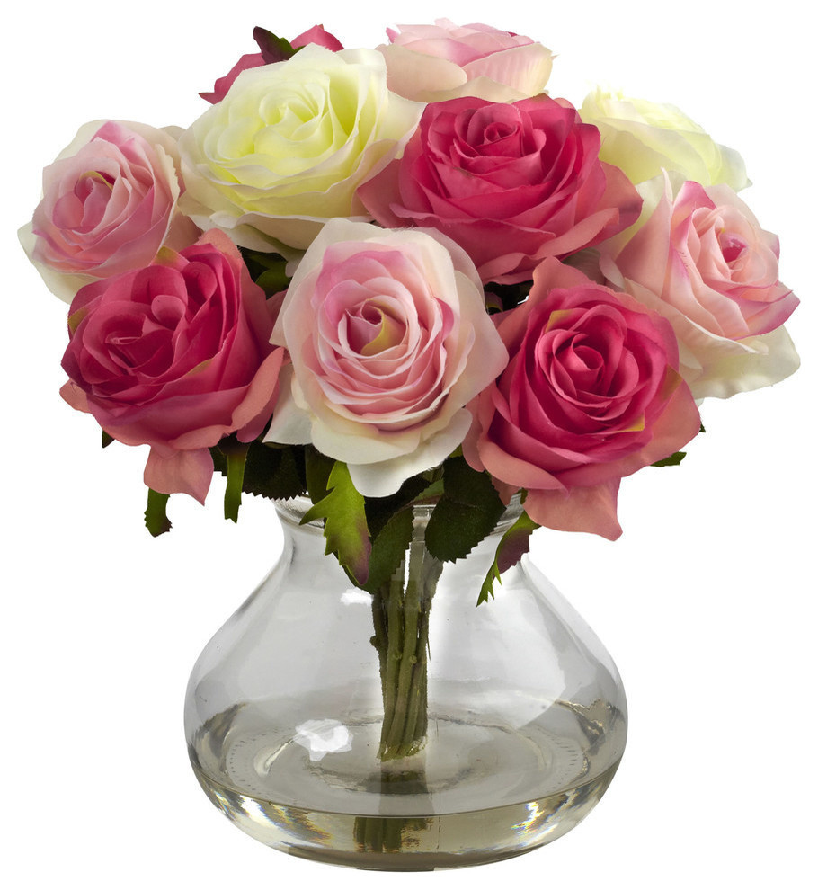 Artificial Flowers Rose Arrangement With Vase Silk Flowers