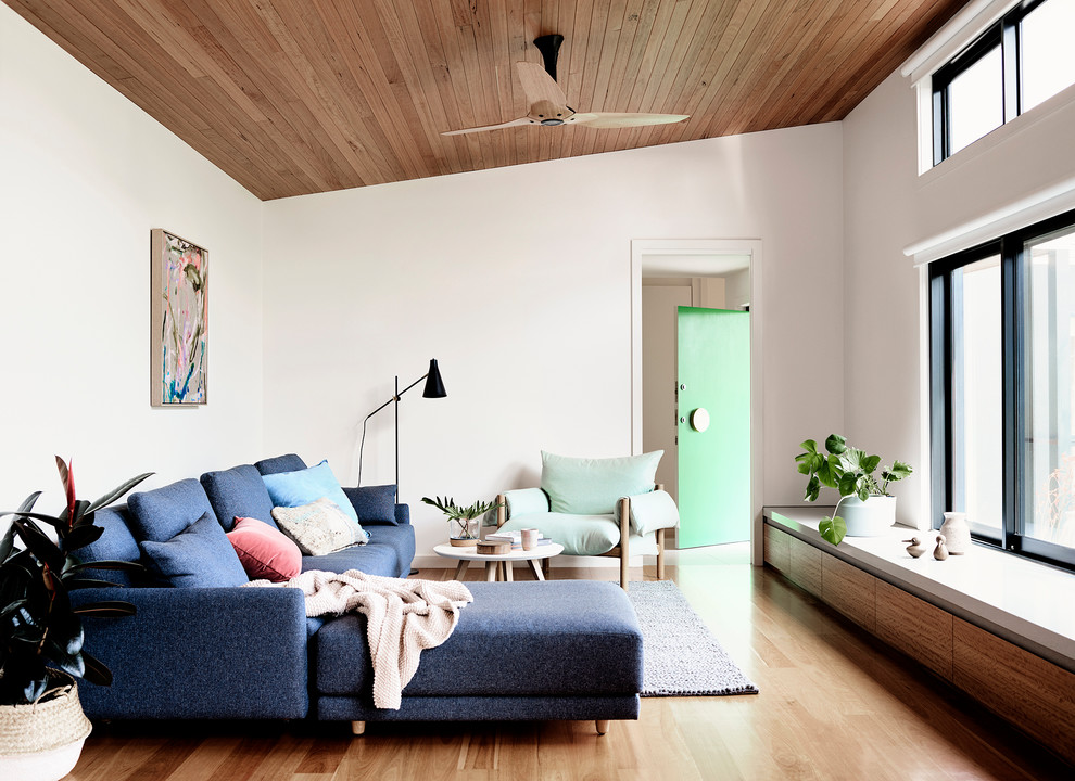Design ideas for a contemporary living room in Melbourne with white walls and medium hardwood floors.