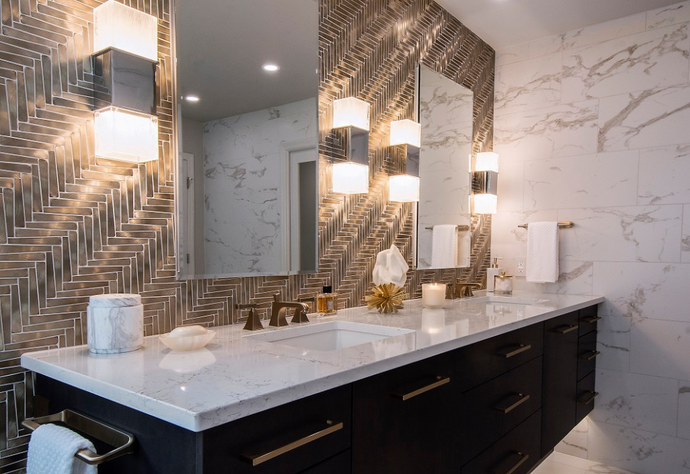 Photo of a mid-sized contemporary bathroom in Philadelphia with flat-panel cabinets, brown cabinets, an open shower, a one-piece toilet, white tile, ceramic tile, porcelain floors, an undermount sink, engineered quartz benchtops, white floor, white benchtops, a shower seat, a double vanity and a floating vanity.