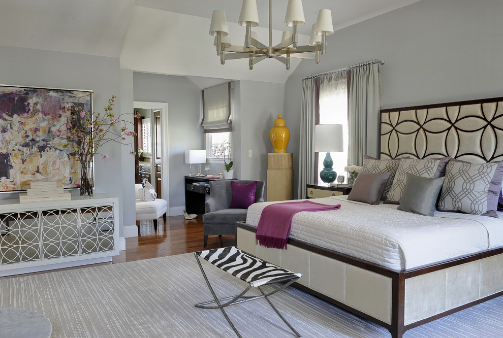 Classic Contemporary Master Suite - A classic, elegant master suite for the husband and wife, and a fun, sophisticated entertainment space for their family -- it was a dream project!

To turn the master suite into a luxury retreat for two young executives, we mixed rich textures with a playful, yet regal color palette of purples, grays, yellows and ivories. 

For fun family gatherings, where both children and adults are encouraged to play, I envisioned a handsome billiard room and bar, inspired by the husband’s favorite pub.