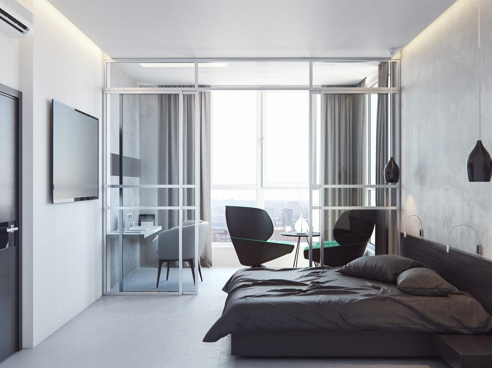 Design ideas for a large contemporary master bedroom in Other with grey walls, vinyl floors and grey floor.
