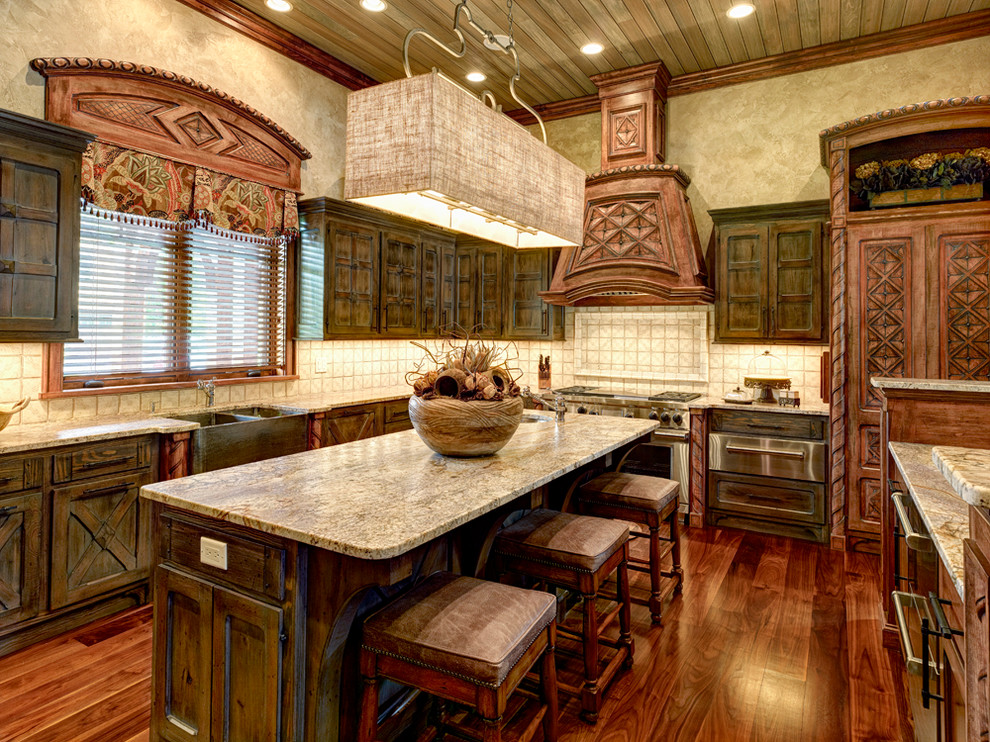 Design ideas for a country kitchen in New York with panelled appliances.