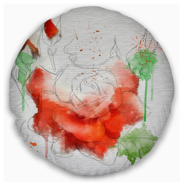 Red Rose Illustration Watercolor Floral Throw Pillow Traditional
