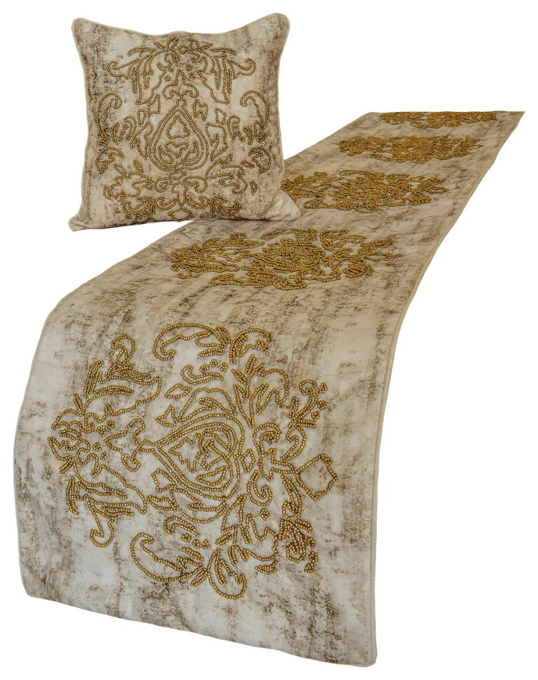 Ivory Jacquard CA King 86"x18" Bed Runner, Beaded and Foil Foil Damask Gold