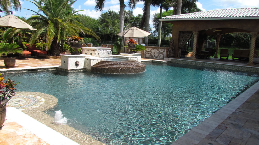 Traditional Swimming Pool w/ Elevated Spa, Tiered Spillway, Beach Area - Exarhos - Traditional ...
