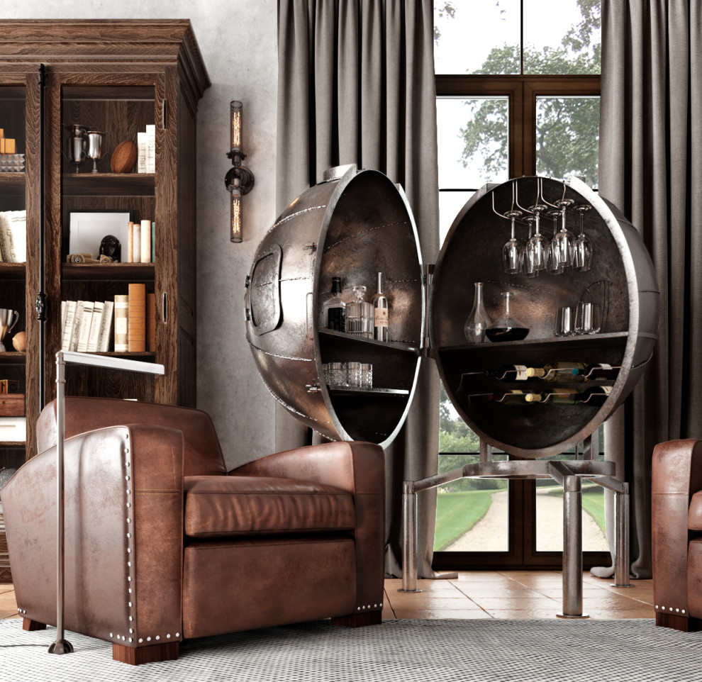 3d визуализация гостиной с уникальным баром в стиле лофт