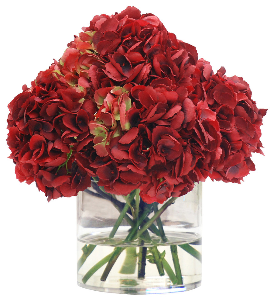 Faux Red Hydrangeas In a Glass Vase