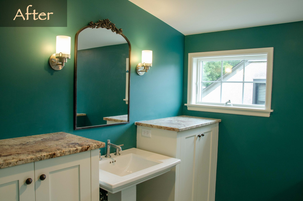 Medium sized classic ensuite bathroom in Minneapolis with flat-panel cabinets, white cabinets, a built-in bath, a walk-in shower, a one-piece toilet, green tiles, stone tiles, green walls, ceramic flooring, a pedestal sink, granite worktops, beige floors, an open shower, grey worktops, a single sink and a built in vanity unit.