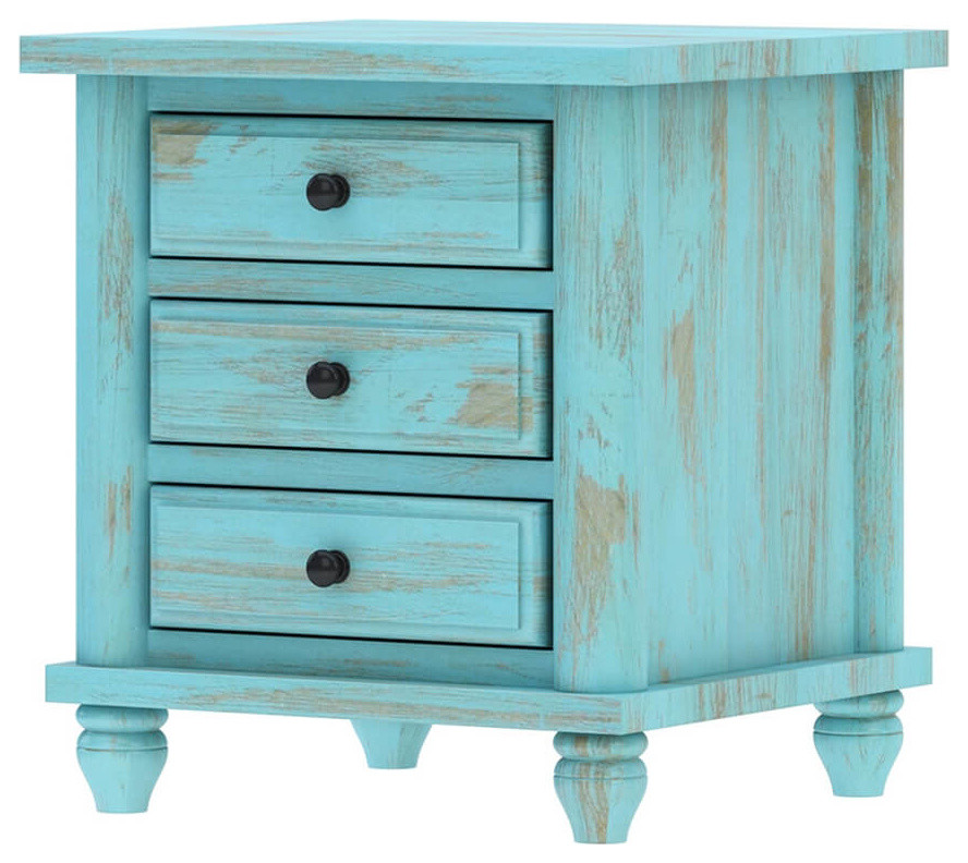 Victorian Mango Wood Vintage Turquoise Nightstand With 3 Drawers