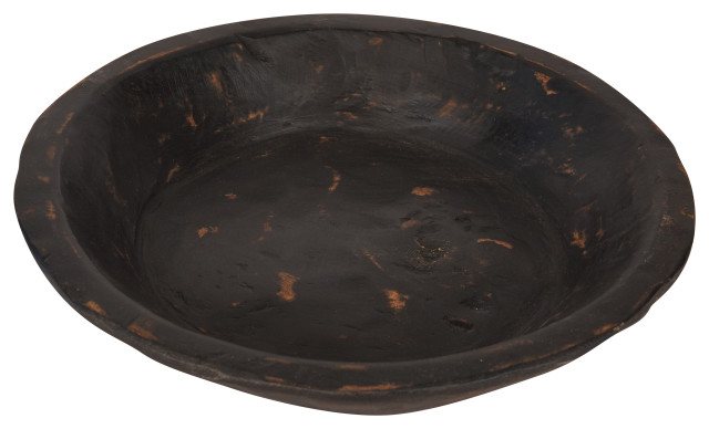 Painted Round Rustic Farmhouse Wooden Dough Bowl, Black, Round