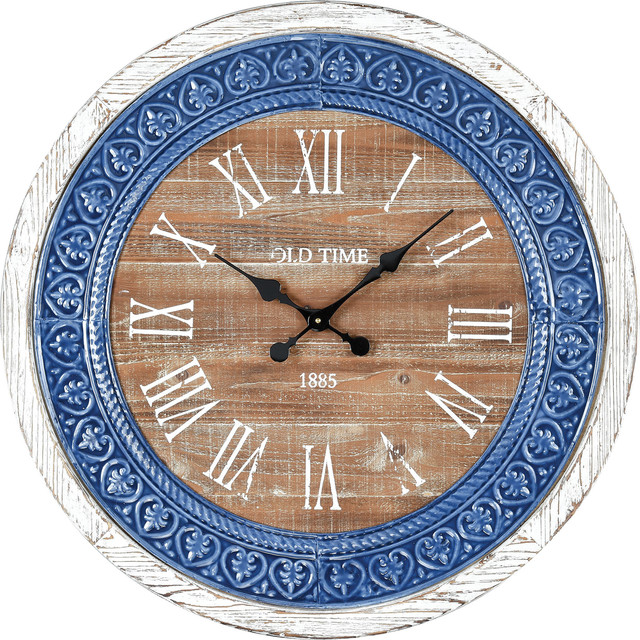 County Cork Wall Clock in Wood Tone/Blue Enamel Farmhouse Wall