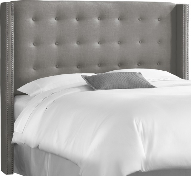 Nail Button Tufted Wingback Headboard, Linen Grey, Full Transitional