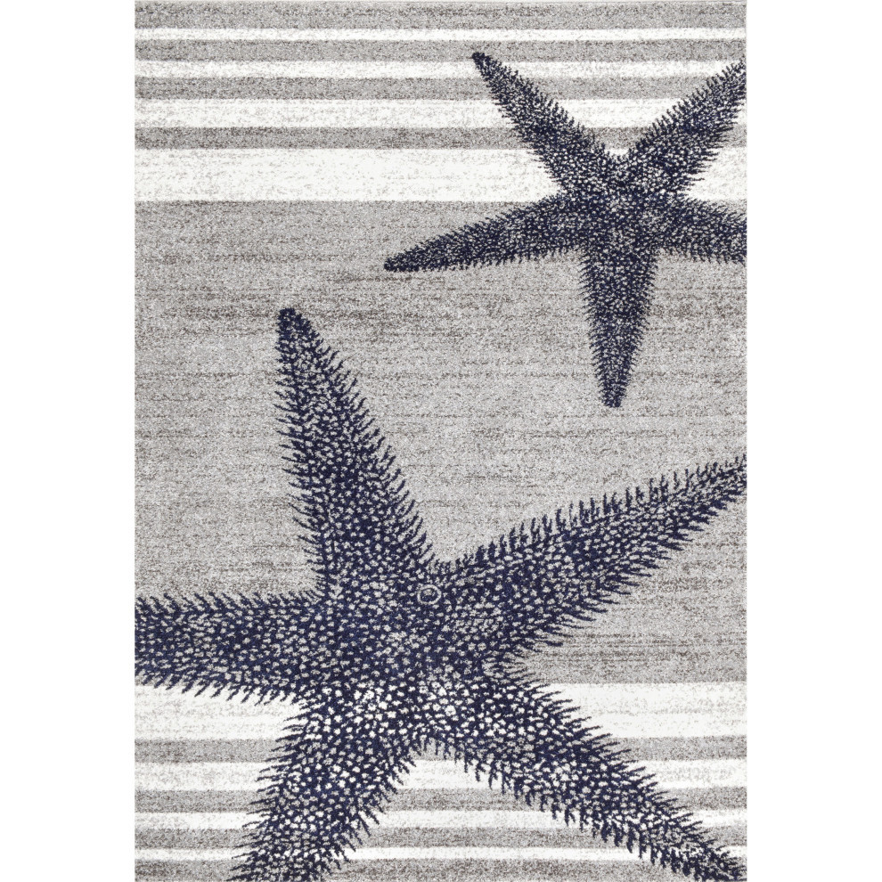Nautical Starfish And Stripes, Gray, 4'x6'