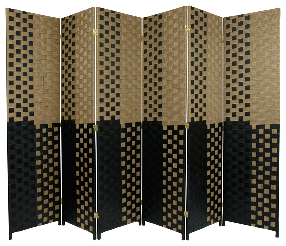 6' Tall Woven Fiber Room Divider, Olive/Black Tropical Screens And