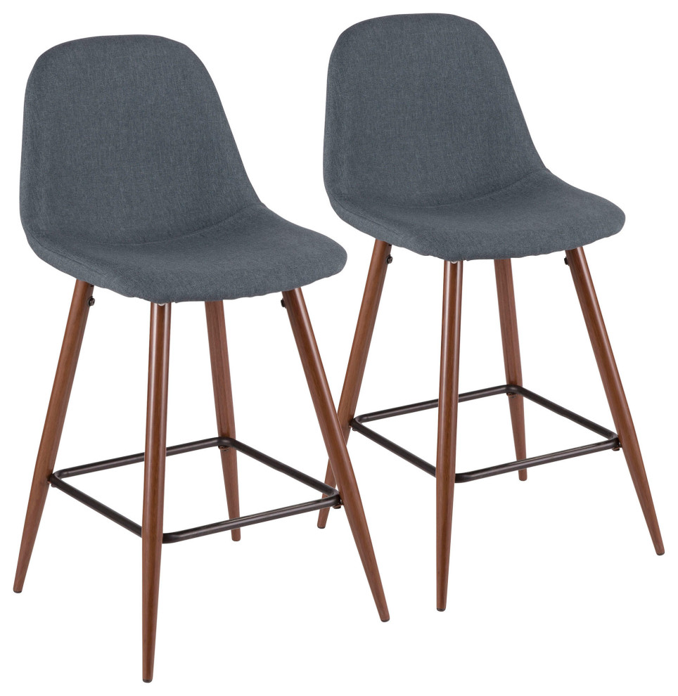 Pebble MidCentury Modern Counter Stool, Walnut/Blue, Set of 2