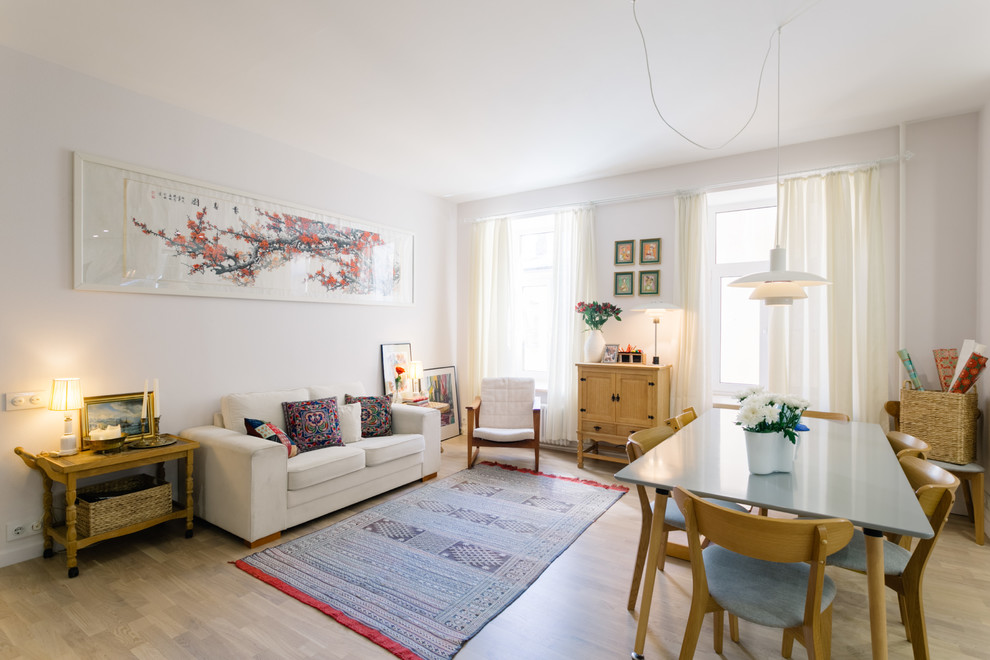 Scandinavian formal open concept living room in Saint Petersburg.