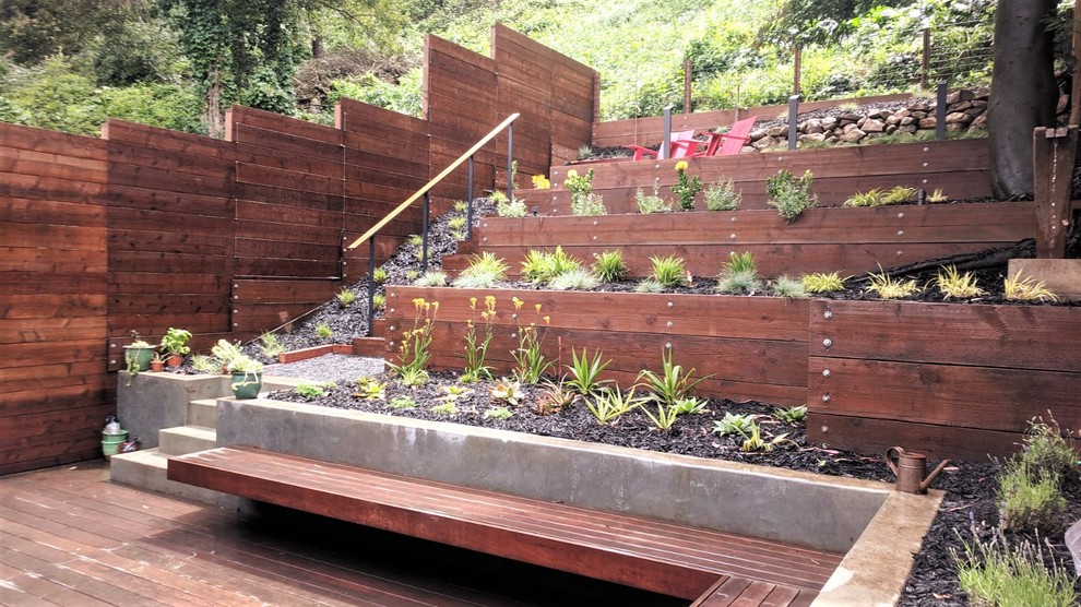 This is an example of a mid-sized mediterranean backyard full sun xeriscape in San Francisco with a retaining wall, mulch and a wood fence.