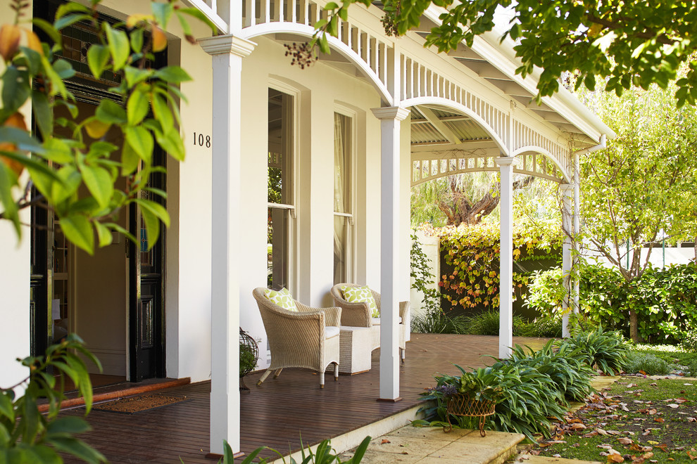 This is an example of a traditional front yard verandah in Perth with decking and a roof extension.