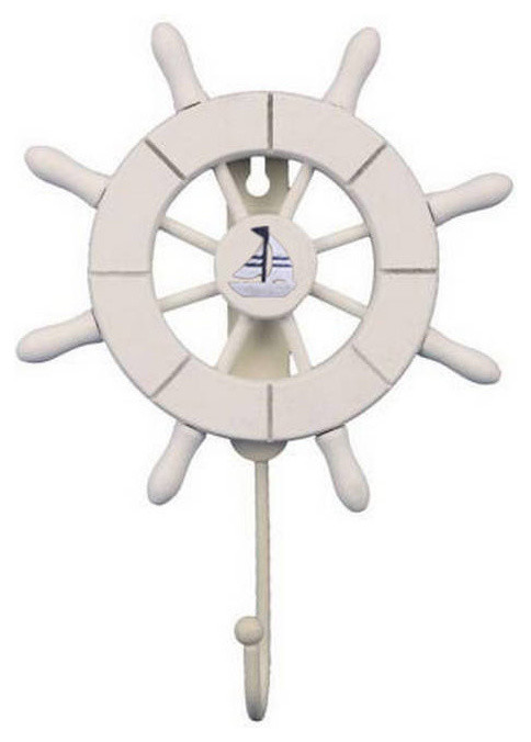 White Decorative Ship Wheel With Sailboat And Hook 8 Ship Wheel With Sailboat And Hook