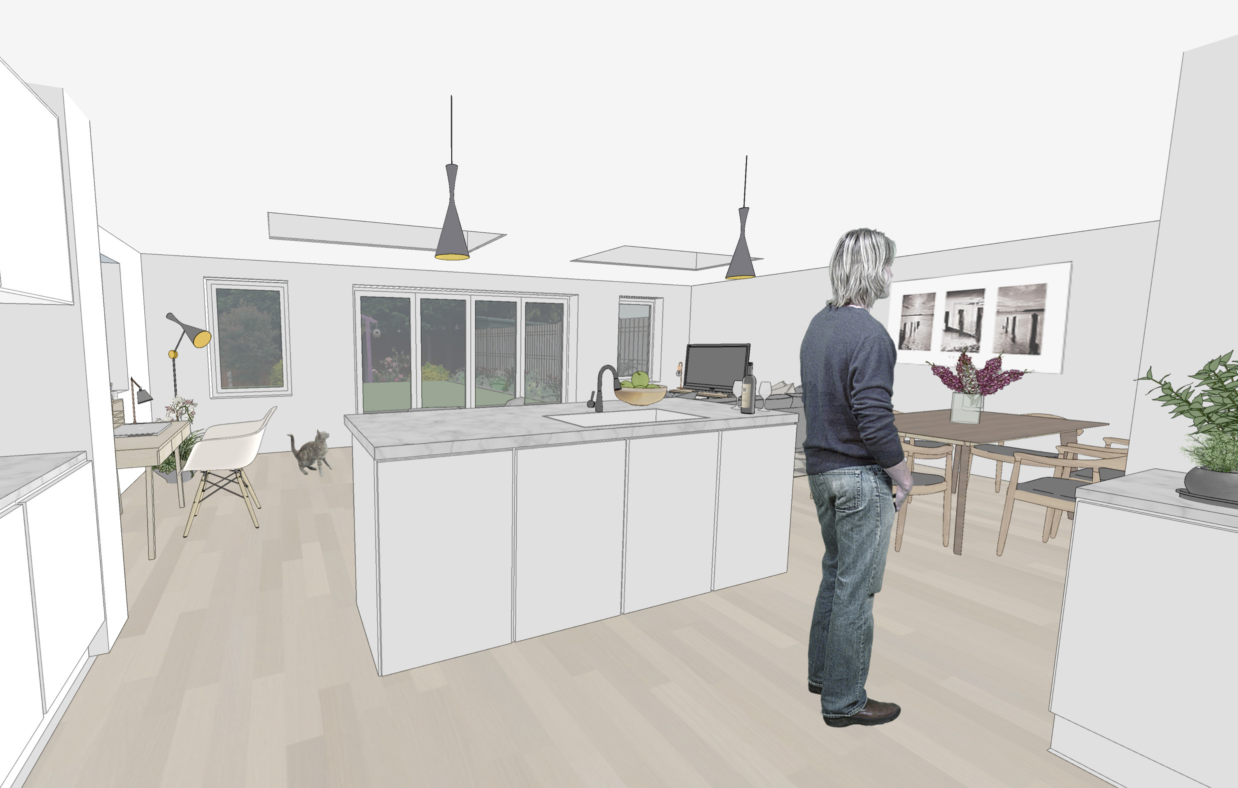 View of breakfast bar & kitchen, Contemporary, Flat roof extension