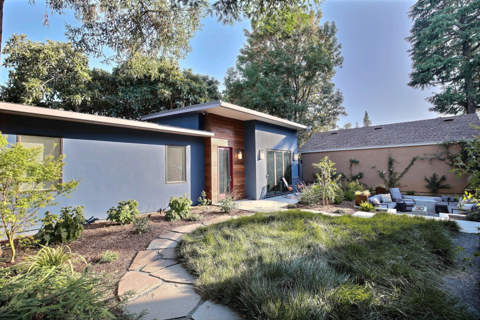 This is an example of a modern full sun xeriscape in San Francisco with with path and natural stone pavers.