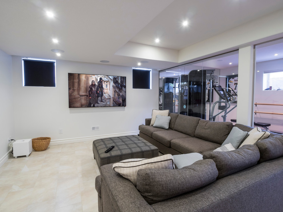 Inspiration for a mid-sized transitional look-out porcelain tile basement remodel in Edmonton with white walls and no fireplace
