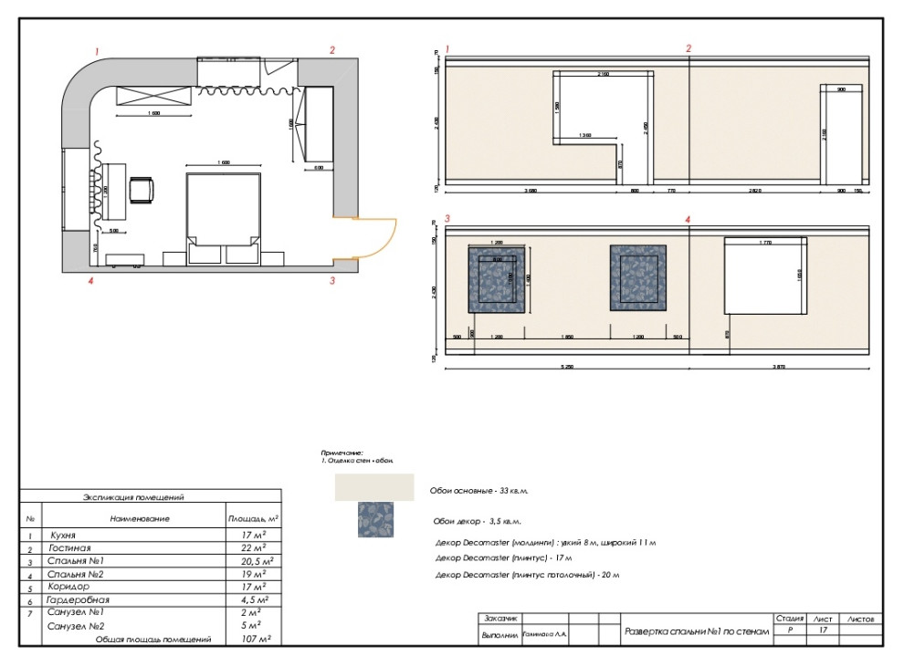 Развертка спальни №1 по стенам