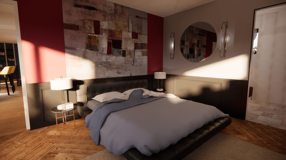 Свежая идея для дизайна: спальня среднего размера в современном стиле с красными стенами, коричневым полом и светлым паркетным полом - отличное фото интерьера