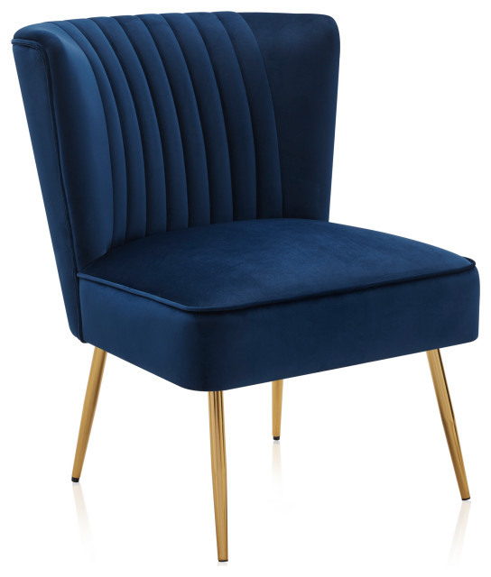 Modern Velvet Accent Chair With Metallic Legs And Channel Tufting, Blue