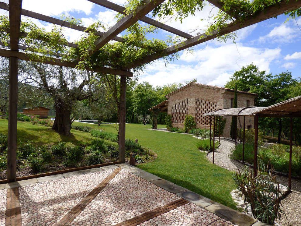 Inspiration for an expansive country patio in Other with a pergola.