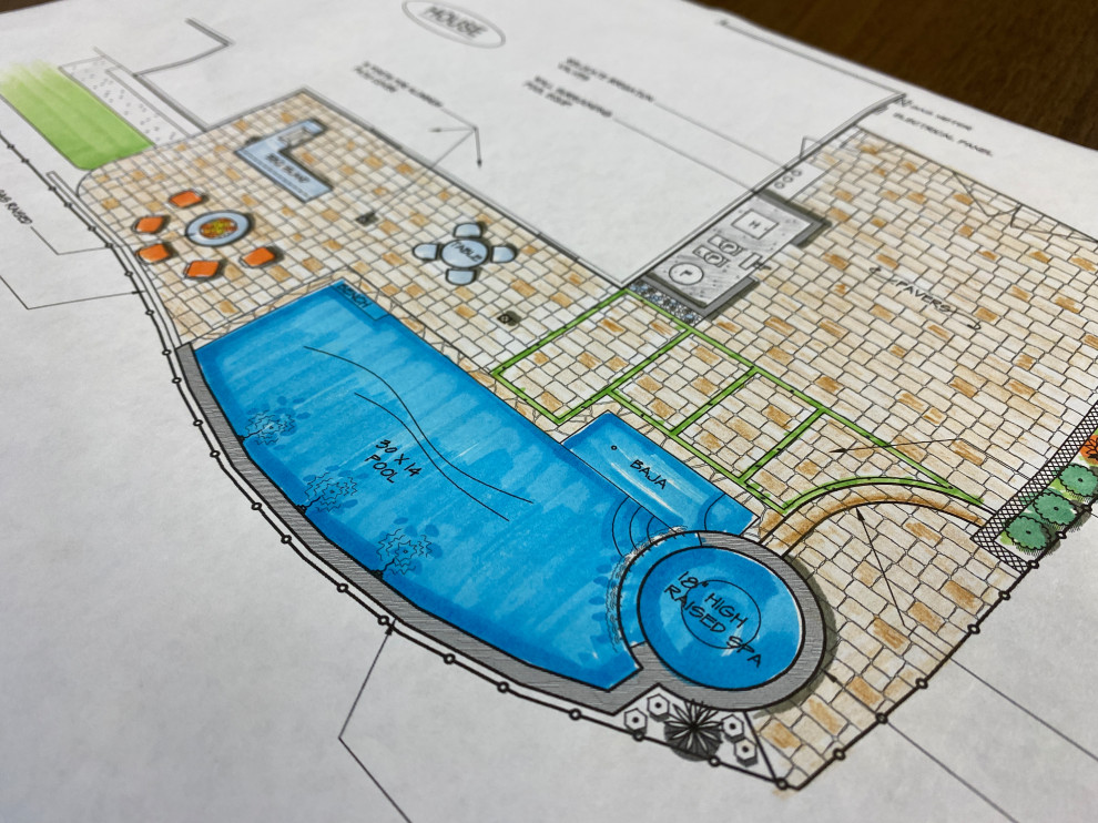 Diseño de piscina natural actual de tamaño medio a medida en patio trasero con paisajismo de piscina y adoquines de ladrillo